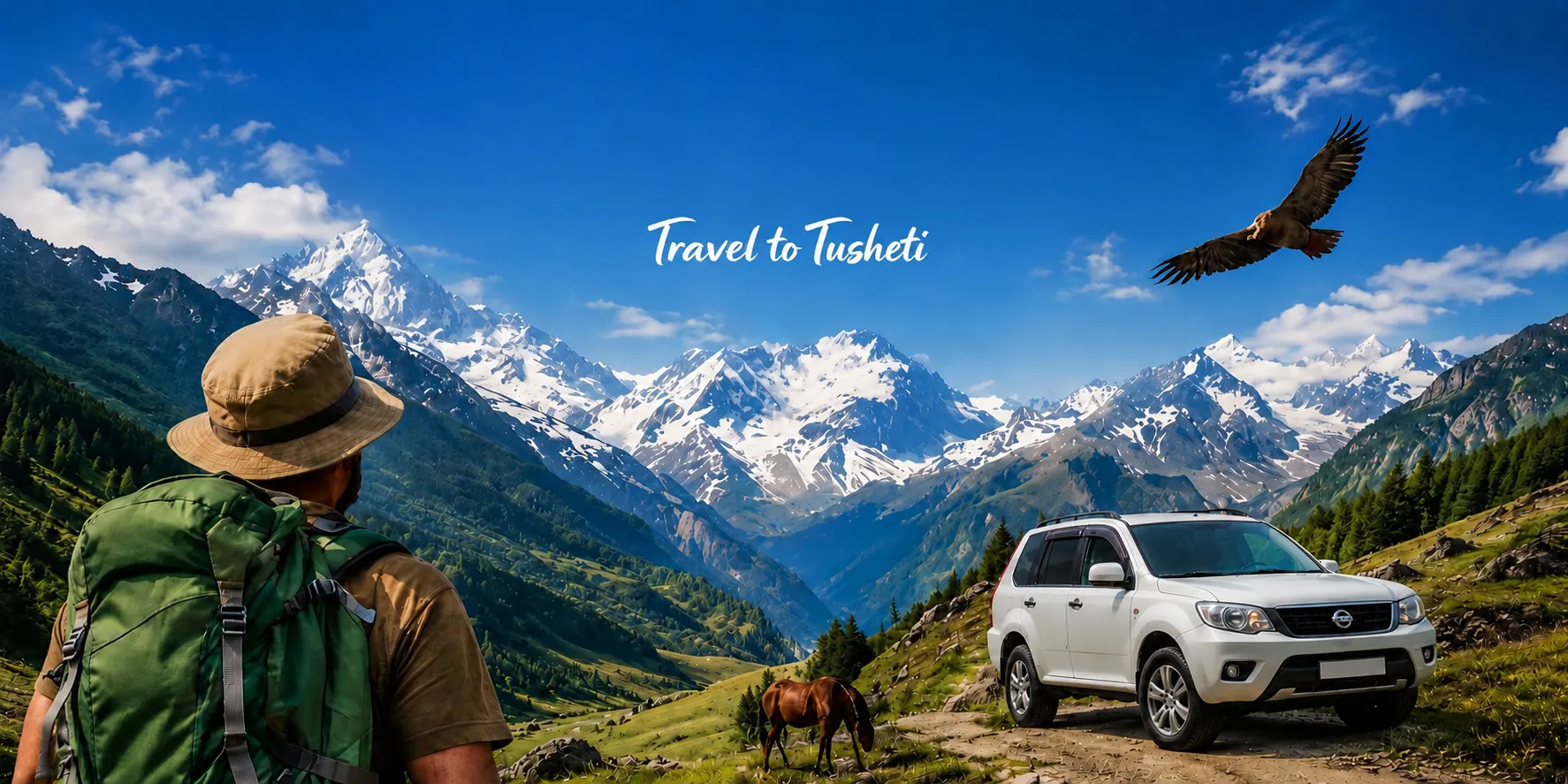 Travel to Tusheti — mountains, hiker, horse and 4x4